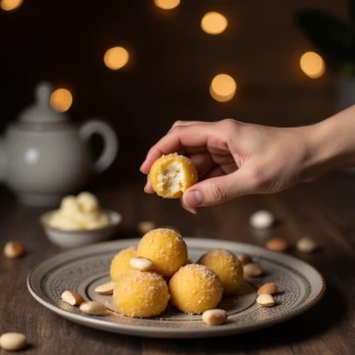 Person enjoying one laddoo mindfully with healthy food nearby.