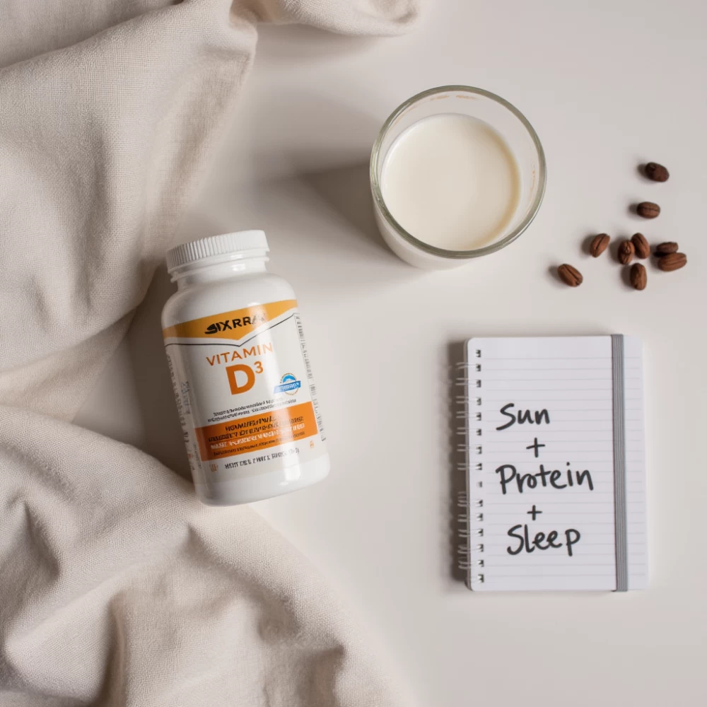 Vitamin D3, dairy cup, and habit notebook for a winter routine.