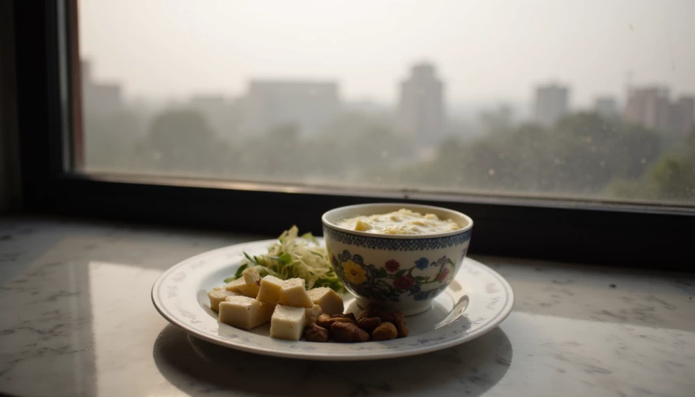 Flat-lay of paneer, tofu, sprouts, curd, and nuts as Indian protein sources.