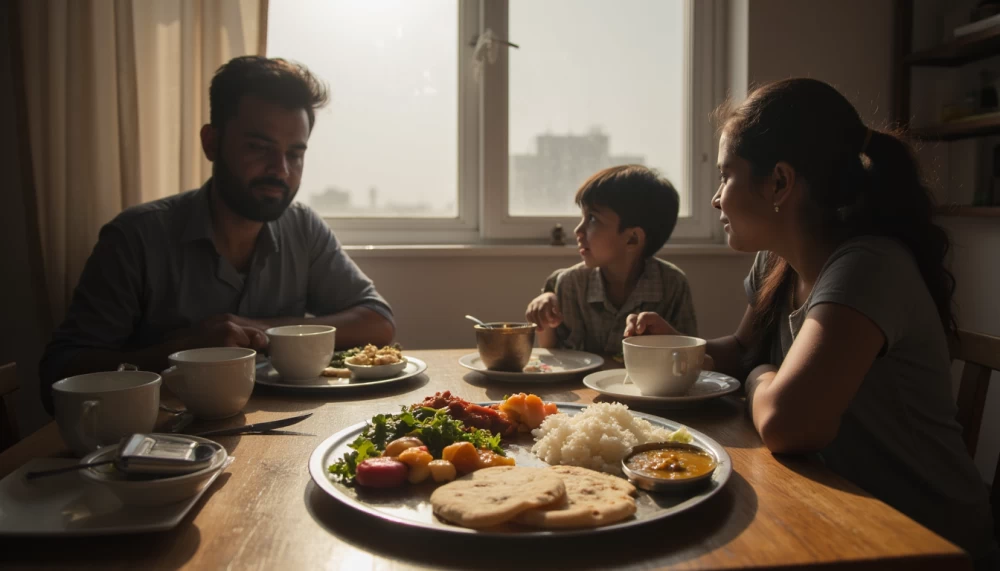 Contrast between junk food and nutrient-rich Indian plate representing India’s double burden of malnutrition.
