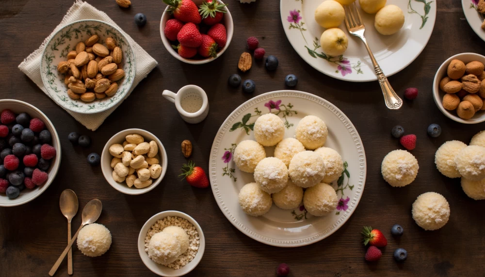 Person enjoying one laddoo mindfully with healthy food nearby.
