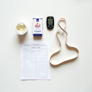 Wellness kit for women 50+ pill box, glucometer, band, and protein yogurt.