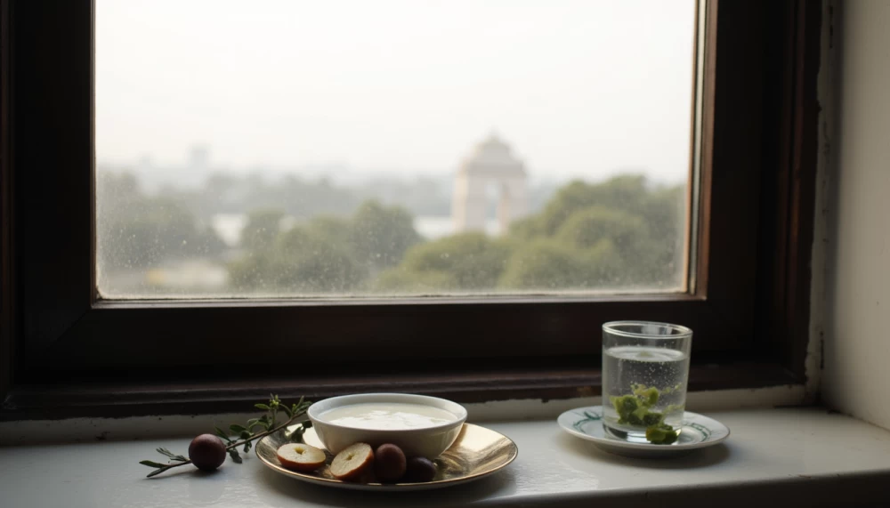 Flat-lay of a home immunity kit humidifier, saline spray, N95, tulsi-ginger tea, and fruits.