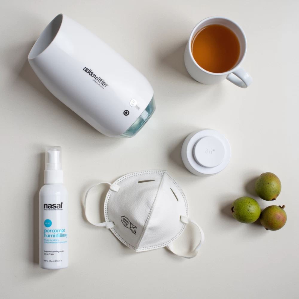Flat-lay of a home immunity kit humidifier, saline spray, N95, tulsi-ginger tea, and fruits.