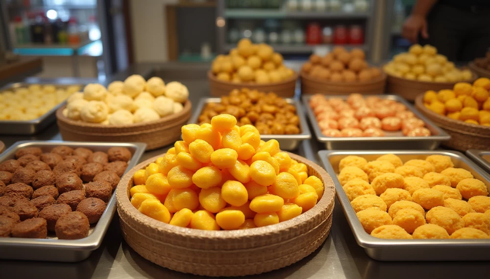 Flat-lay of mithai with visible FSSAI label card.