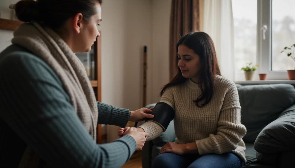 Winter blood-pressure toolkit with monitor, pill box, N95, humidifier, and BP log.