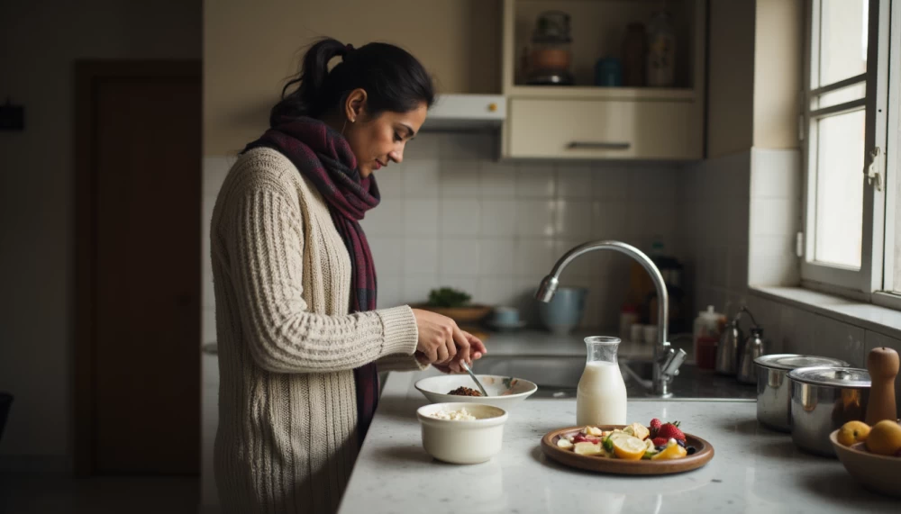 Week-long recovery essentials hydration, herbal teas, nuts, pill box, humidifier.