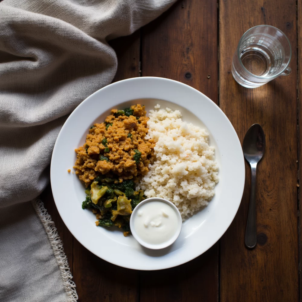 GERD-friendly Indian winter dinner plate with khichdi and warm water.