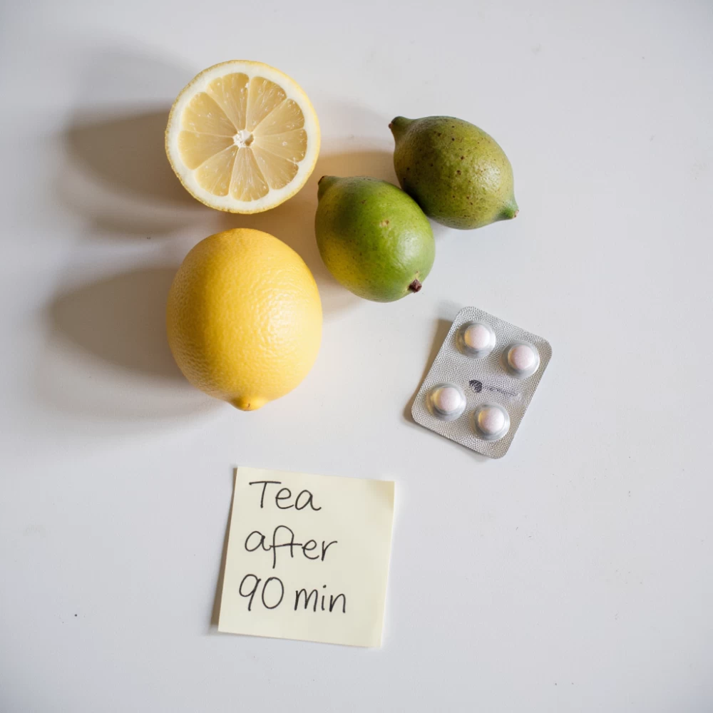 Vitamin C fruits with reminder to separate tea from meals for iron absorption.