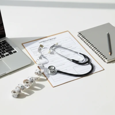 sedentary lifestyle and metabolic risk visualized with office desk and medical tools