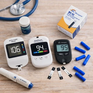 Home blood sugar testing setup with glucometer devices, test strips and lancets on wooden table