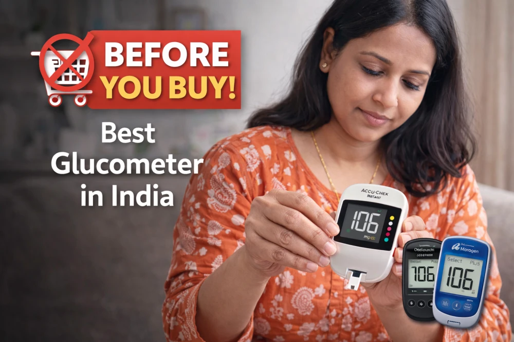 Home blood sugar testing setup with glucometer devices, test strips and lancets on wooden table