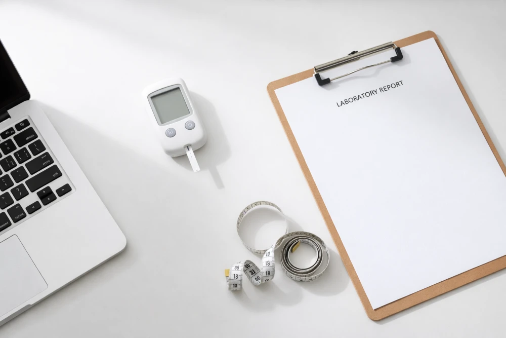 sedentary lifestyle and metabolic risk visualized with office desk and medical tools