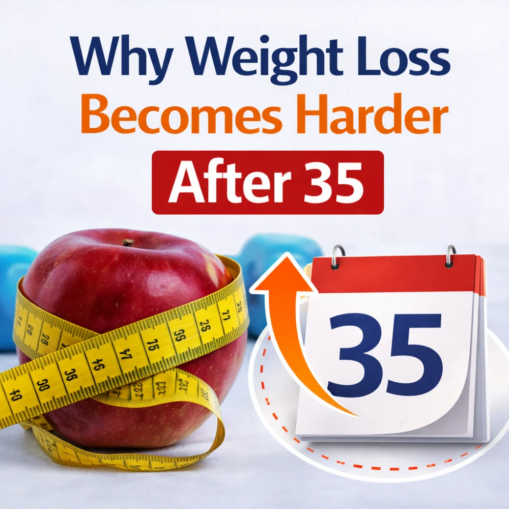 Why weight loss becomes harder after 35 shown with measuring tape, scale and metabolic health tools