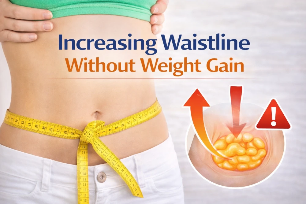 Increasing waistline without weight gain shown with measuring tape around abdomen and scale