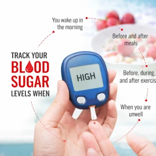 Why blood sugar is higher in the morning concept showing glucometer and alarm clock
