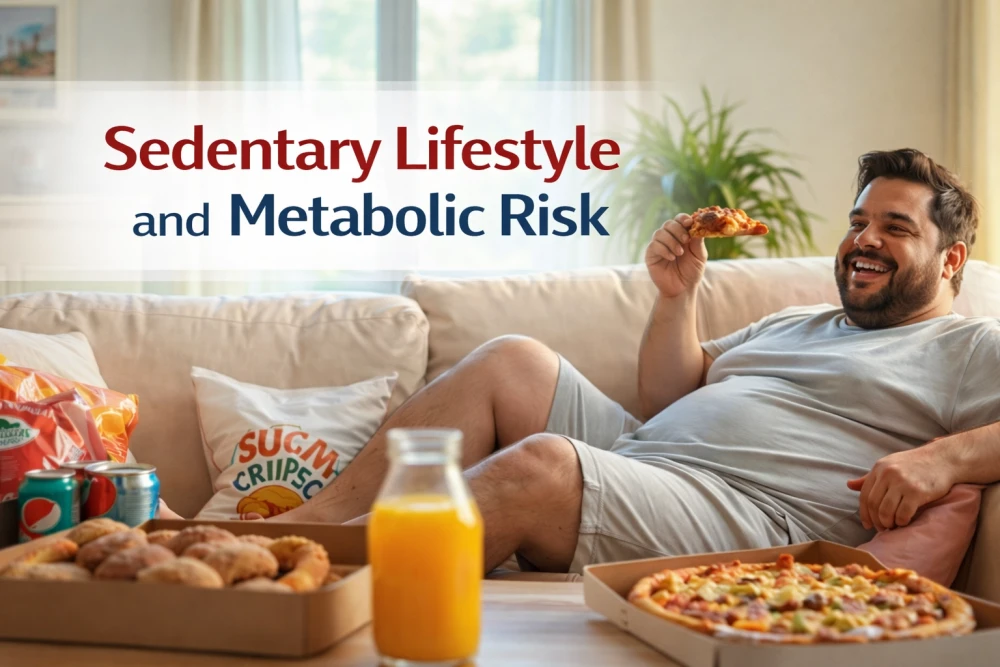 sedentary lifestyle and metabolic risk visualized with office desk and medical tools