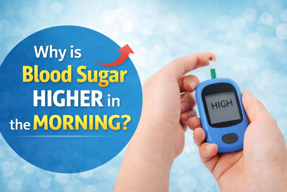 Why blood sugar is higher in the morning concept showing glucometer and alarm clock