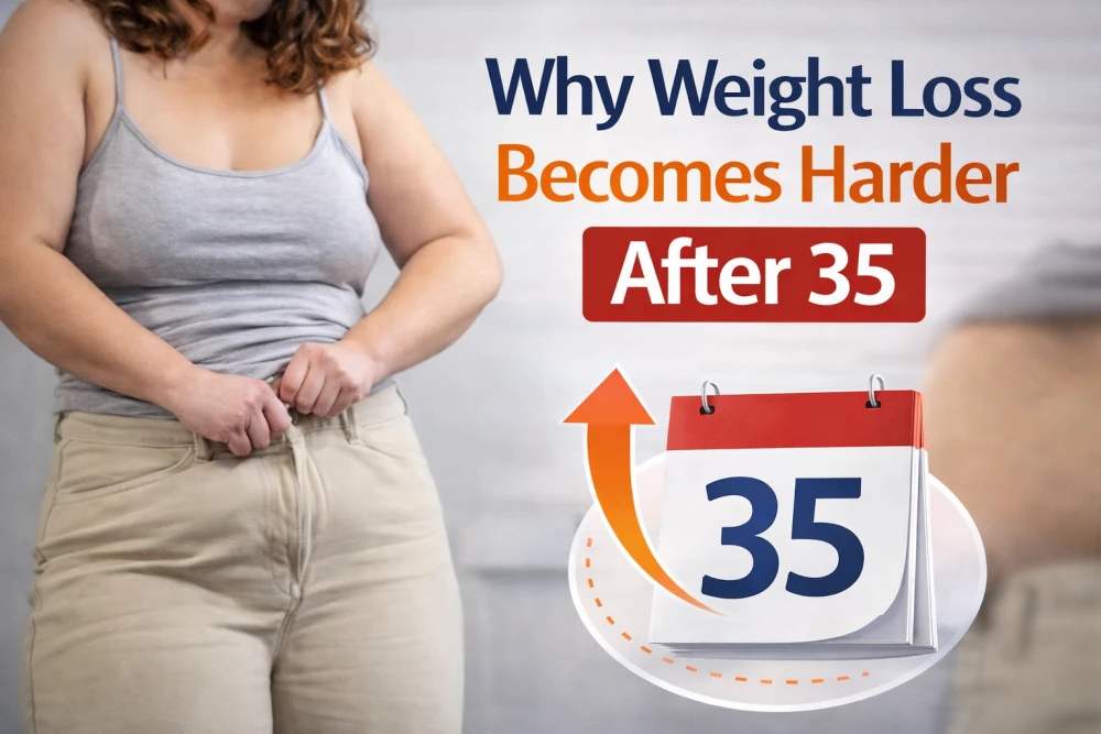 Why weight loss becomes harder after 35 shown with measuring tape, scale and metabolic health tools