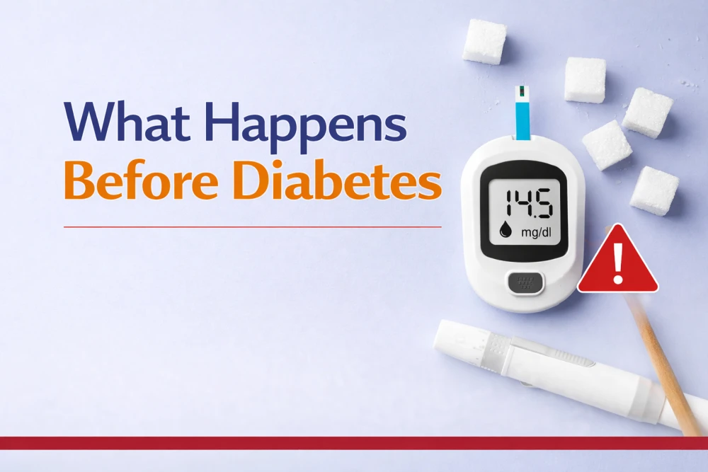 What happens before diabetes concept showing glucometer and metabolic health tools