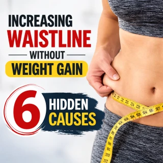 Increasing waistline without weight gain shown with measuring tape around abdomen and scale