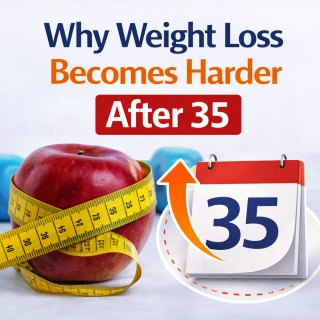 Why weight loss becomes harder after 35 shown with measuring tape, scale and metabolic health tools