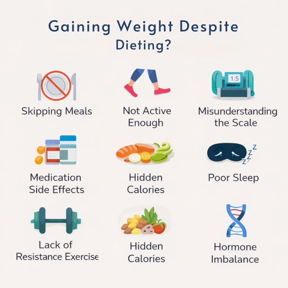 gaining weight despite dieting causes scale measuring tape metabolic concept