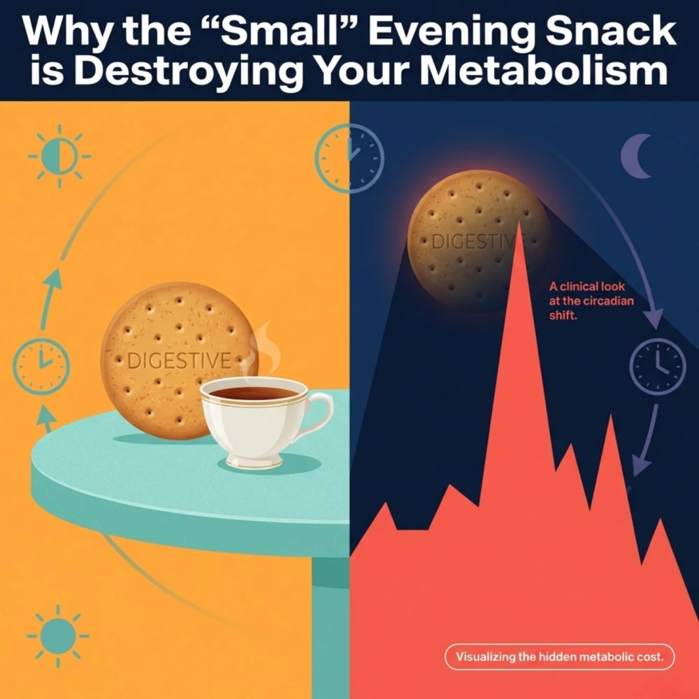 Evening snacking impact on metabolism showing circadian rhythm disruption and digestive timing imbalance