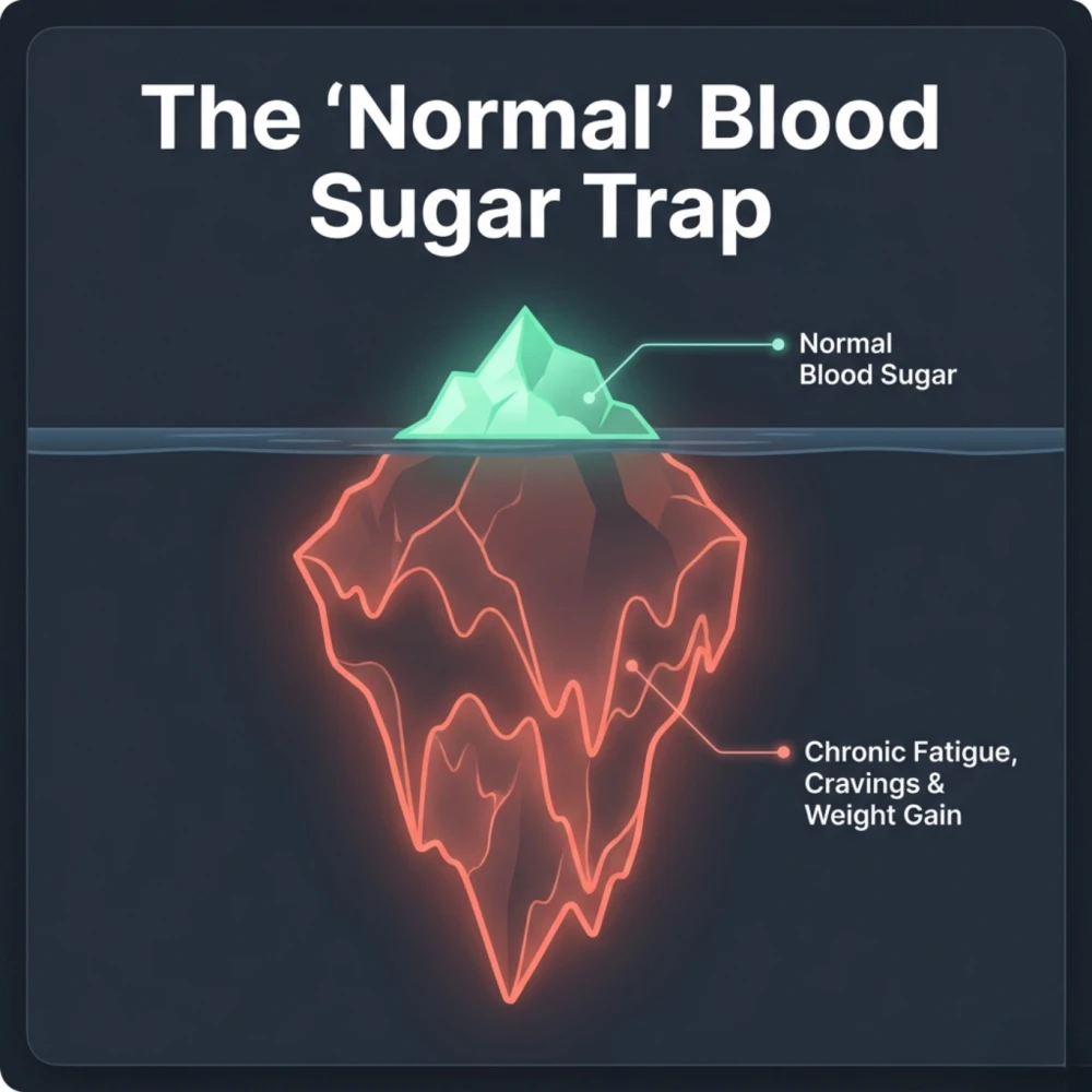 Normal blood sugar trap illustration showing hidden insulin resistance causing fatigue, cravings, and weight gain