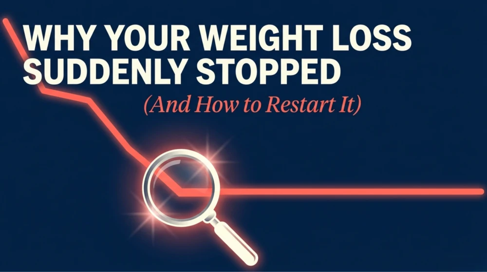 Minimal vertical thumbnail showing a weighing scale with “no change” note and bold text explaining why weight loss plateaus happen during dieting