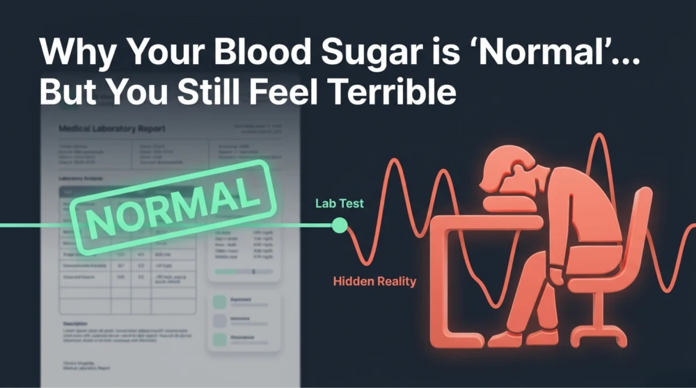 Normal blood sugar trap illustration showing hidden insulin resistance causing fatigue, cravings, and weight gain