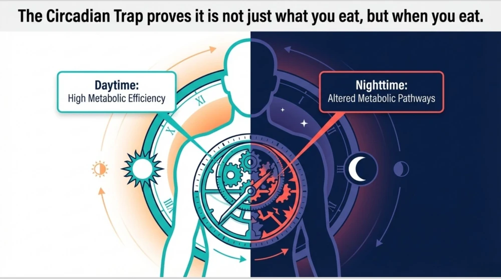 Evening snacking impact on metabolism showing circadian rhythm disruption and digestive timing imbalance