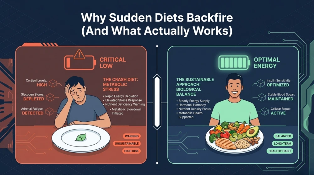 Clean square thumbnail showing weighing scale, healthy food plate and warning sign illustrating why the body resists sudden diet changes and highlighting hidden reasons