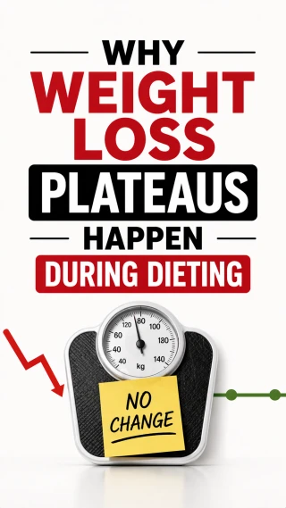 Minimal vertical thumbnail showing a weighing scale with “no change” note and bold text explaining why weight loss plateaus happen during dieting