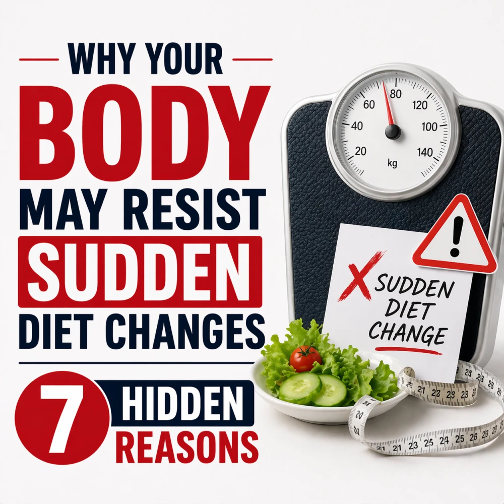 Clean square thumbnail showing weighing scale, healthy food plate and warning sign illustrating why the body resists sudden diet changes and highlighting hidden reasons