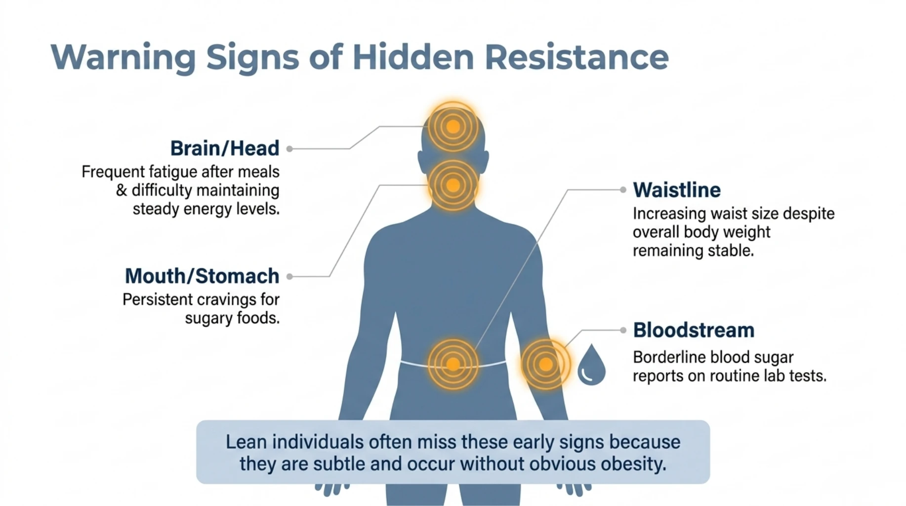 Early signs of hidden insulin resistance in lean individuals including fatigue, cravings, and increasing waistline