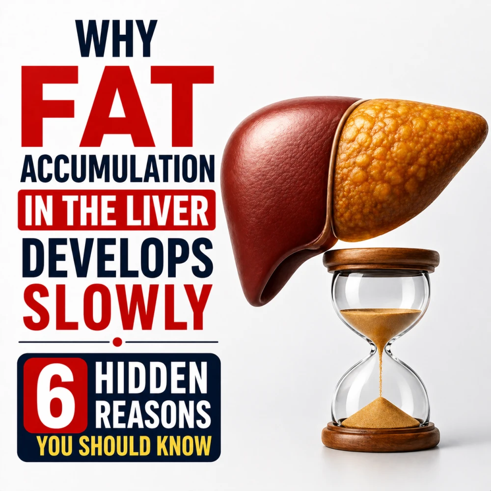Clean square thumbnail showing a liver with fatty change over an hourglass symbolizing slow fat accumulation and highlighting hidden reasons you should know