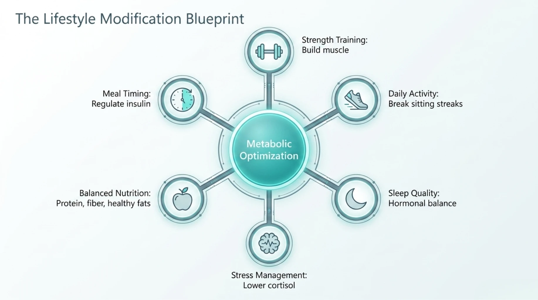 Lifestyle blueprint for metabolic optimization including strength training, sleep, nutrition, and stress control