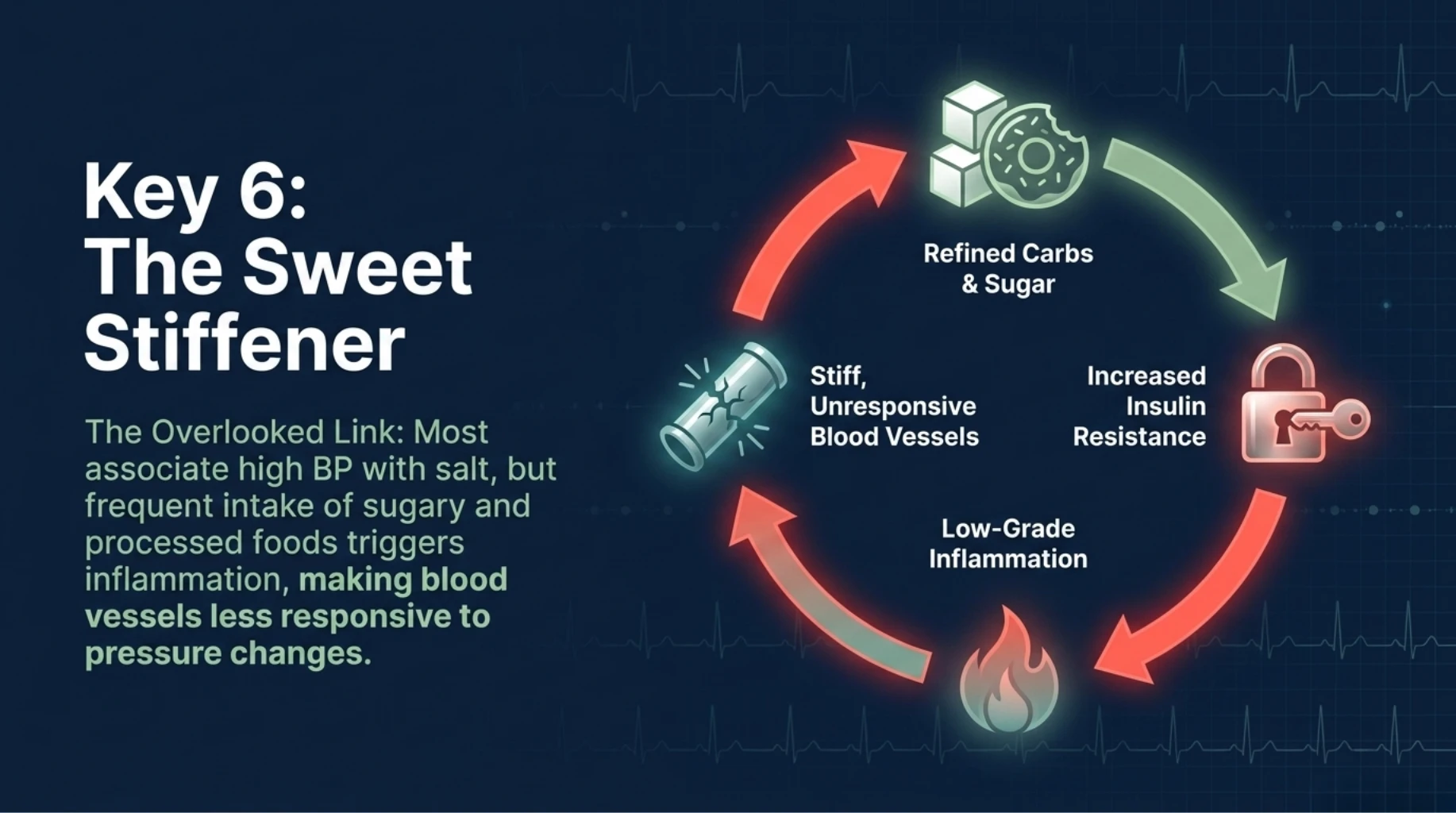 High sugar intake causing inflammation and stiff blood vessels contributing to hypertension