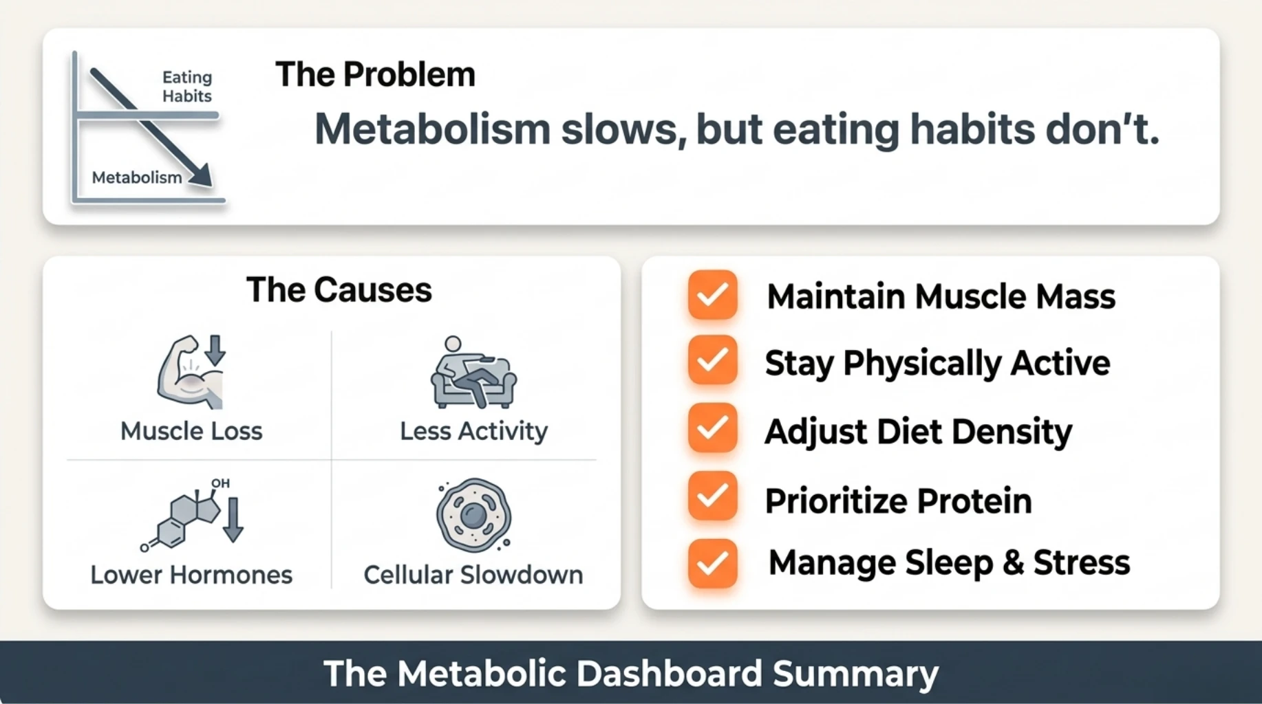 Metabolism slows but eating habits remain same highlighting need for muscle, activity, diet, and sleep correction