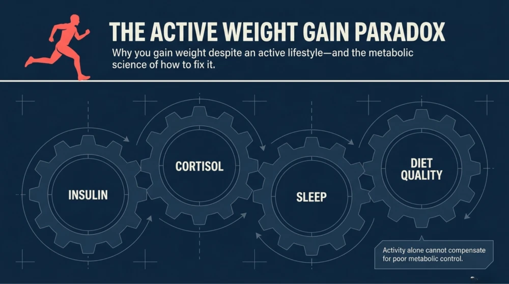Active lifestyle but weight gain due to insulin, cortisol, poor sleep, and diet quality imbalance