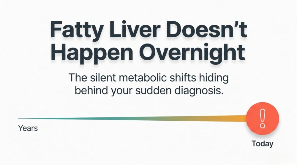 Clean square thumbnail showing a liver with fatty change over an hourglass symbolizing slow fat accumulation and highlighting hidden reasons you should know