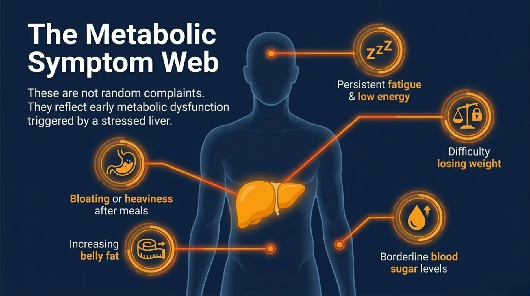 Liver stress symptoms including fatigue, belly fat, bloating, and borderline blood sugar levels