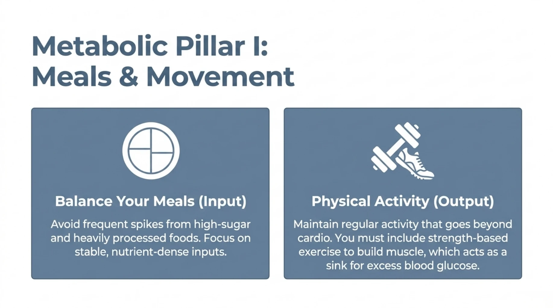 Metabolic health pillar showing balanced meals and regular physical activity to improve insulin sensitivity
