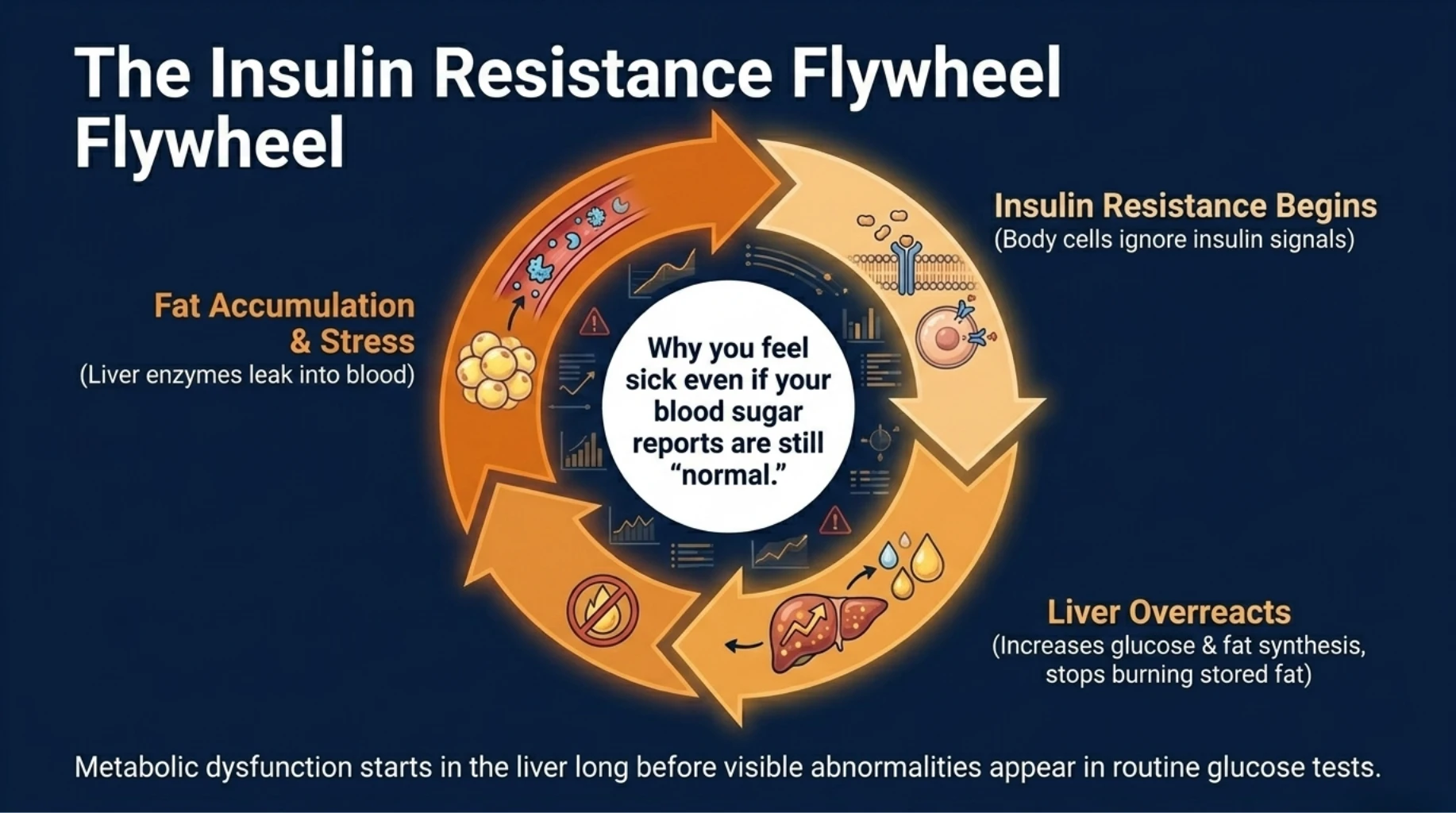 Insulin resistance cycle driven by liver dysfunction leading to fat accumulation and metabolic imbalance