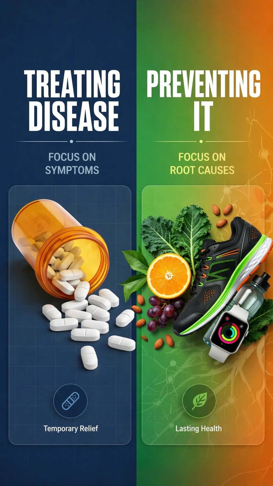 Treating disease with medication versus preventing it through lifestyle habits like diet, exercise, and activity