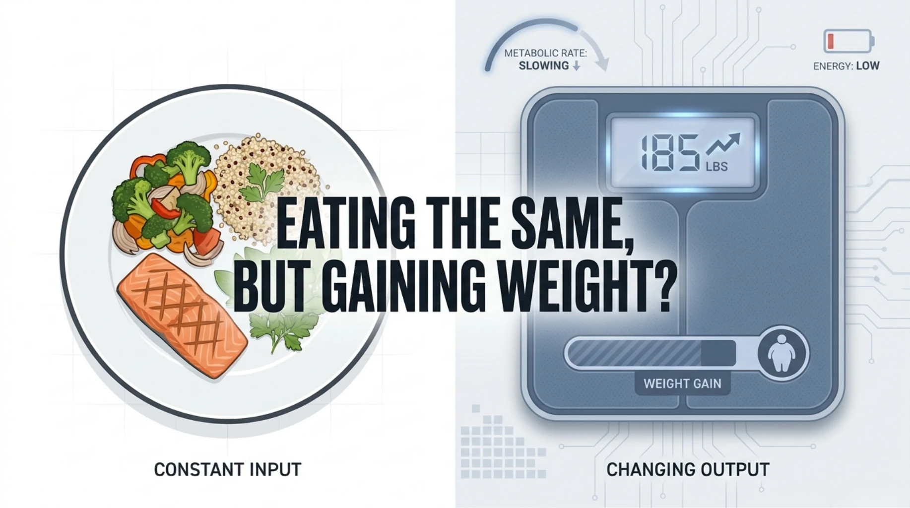 Eating the same diet but gaining weight due to slowing metabolism and reduced energy output