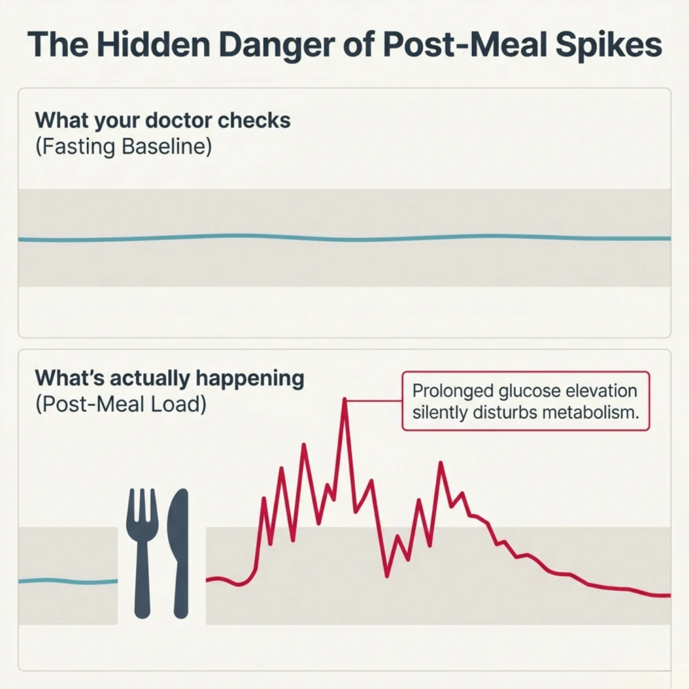 Hidden post-meal glucose spikes despite normal fasting sugar causing metabolic damage and energy fluctuations