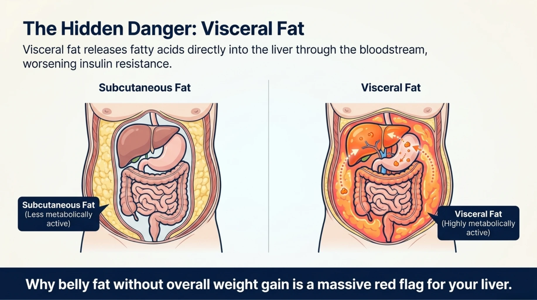 Visceral fat around organs increasing liver stress and insulin resistance even without overall weight gain