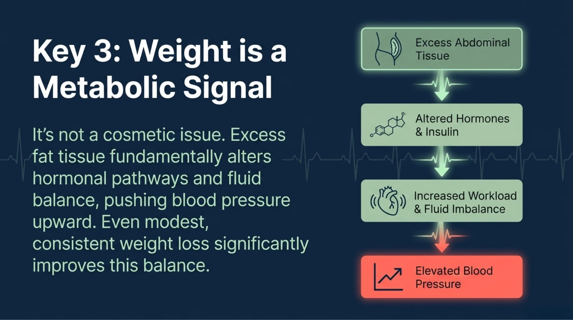 Excess body fat altering hormones and fluid balance resulting in elevated blood pressure
